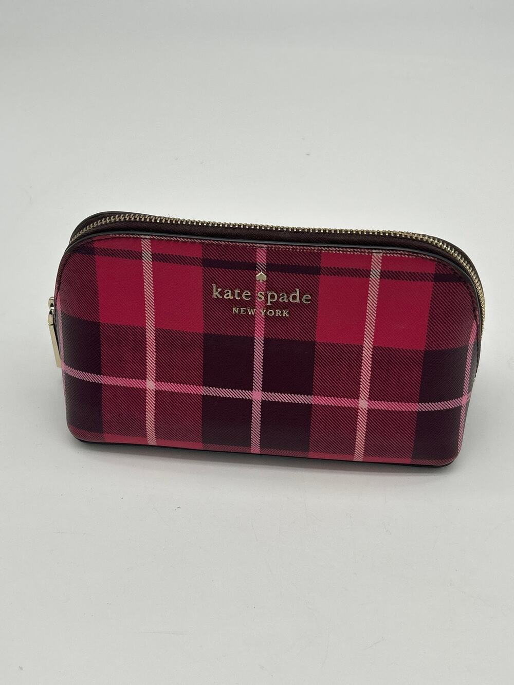 Kate Spade New York Pink Plaid Zip Around Cosmetic Makeup Bag Accessory Pouch